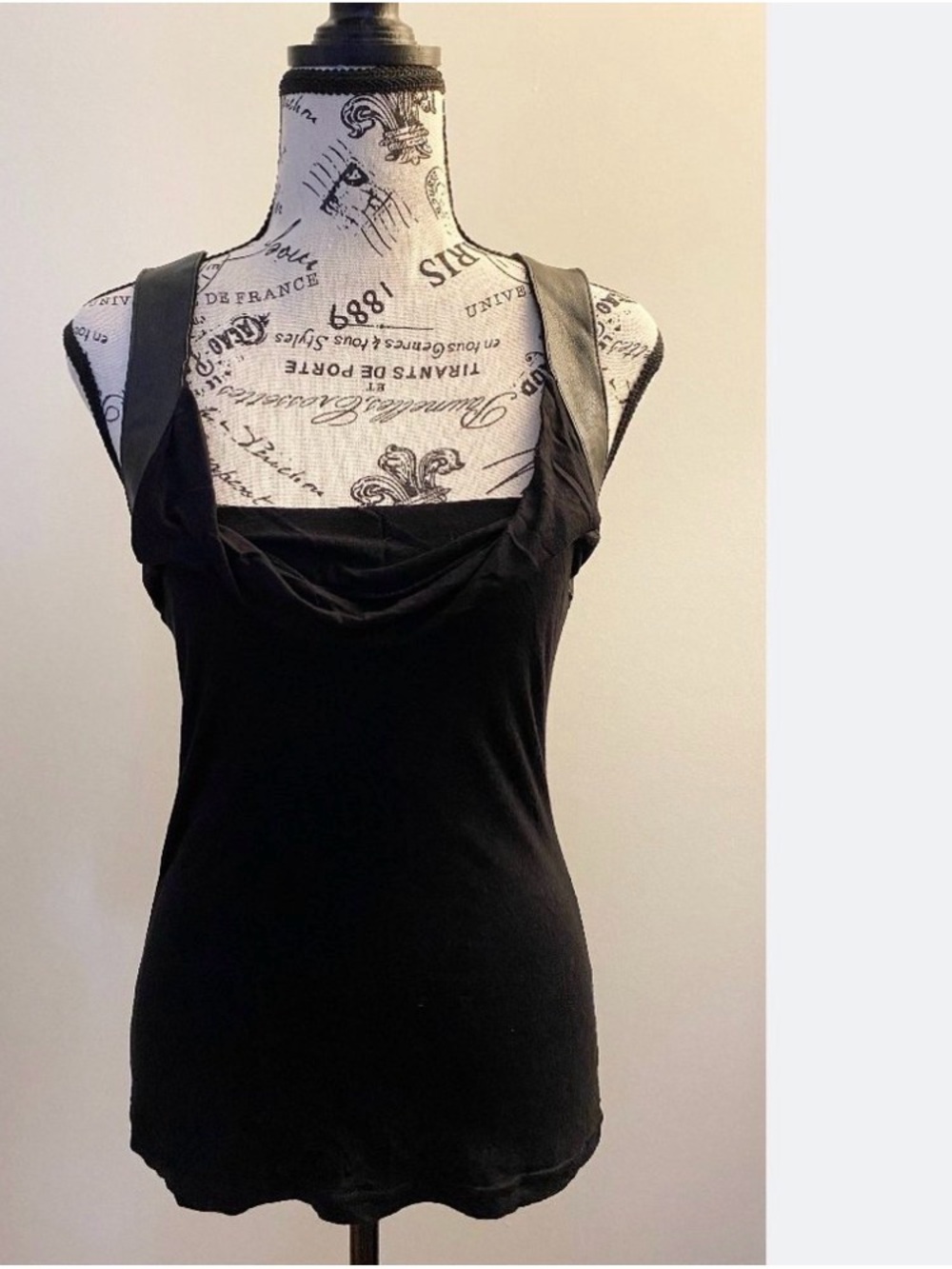 GUESS Scoop Drape Neckline Tank Top with Faux Leather Straps
